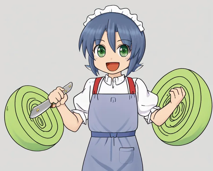 <lora:cabbage2:0.7>, blue hair mature man,
a cartoon character with a knife and a green object in his hand, sword, smile, cowboy shot, (keyorina:1) , open mouth, (cabbage:1.3), (blue apron:1.4) ,