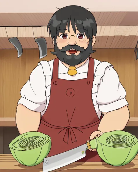 <lora:cabbage2:0.7>, black hair, (mature fat beard man:1.4)
a knife and bowl on a table with a bowl in front of them,
(kitchen knife:1.3), smile, cowboy shot, (keyorina:1) , open mouth, (cutting cabbage:1.3),(maroon apron)