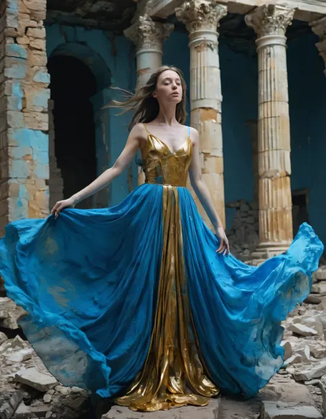 Abby Boom, clad in a flowing gown with mesmerizing hues of blue and gold, danced through the surreal dreamscape of enigmatic ruins, as her eyes transfixed with an otherworldly gaze, embodying both the mysteries of life and the essence of time's fleeting beauty. <lora:tqgxtq18f8bbfd3f9t4b3:1>