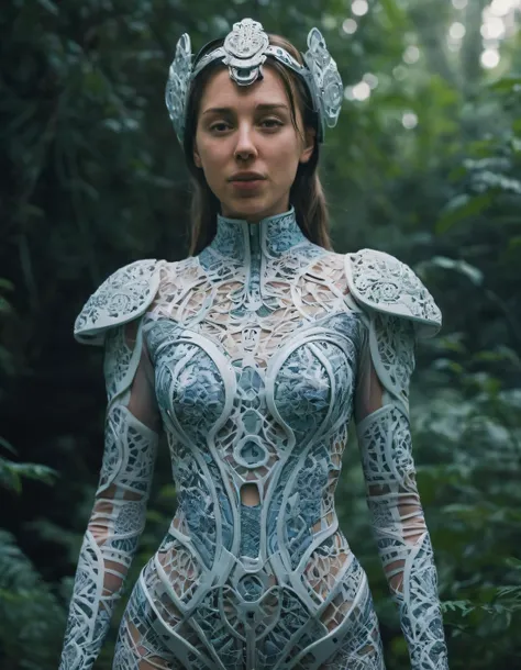 Amidst the futuristic landscape, Abby Boom stands as a woman clad in her mystical outfit, adorned with intricate patterns that blend seamlessly with nature, gracefully posing with power and serenity, evoking an atmosphere of imaginative strength and harmony. <lora:hnkhyi18f8bcbfa15j4e2:1>