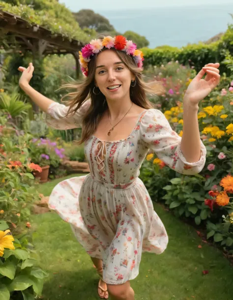 Capture a spontaneous moment from within an idyllic garden, framed by a closeup, top-down perspective that showcases her flawlessly bohemian attire - with a free-spirited Abby Boom in the lead role of 1girl, wearing a peasant dress, woven sandals, and a vibrant headpiece, she gracefully performs the pose of a dancer amidst a sea of swaying flowers, effortlessly blending into the harmonious landscape that surrounds her. <lora:tqgxtq18f8bbfd3f9t4b3:1>