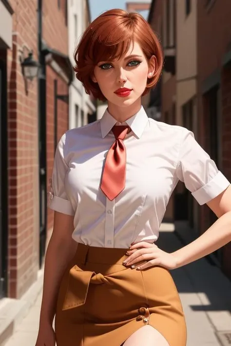 photo of a woman, <lora:diorabaird-07:0.7>, diorabaird,((short hair, pixie cut, reddish blonde hair)), ((necktie, skirt, white shirt):1.1), smiling, ((cowboy shot, waist, hips, thighs)),((walking, outdoors, alley):1.1),((red lipstick,heavy eyeliner, heavy eye shadow, blush):1.2), ((best quality, masterpiece, extreme details, high resolution):1.2),((detailed eyes, beautiful eyes, detailed face, beautiful face):1.2)