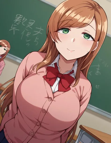 score_9, score_8_up, score_7_up, source_anime,
minakosanada, <lora:minako-sanada-ponyxl-lora-nochekaiser:1>
minako sanada, long hair, brown hair, green eyes, mature female,
long sleeves, bow, school uniform, bowtie, red bow, cardigan, pink cardigan, skirt, blue skirt,
indoors, classroom,
looking at viewer, dutch angle, cowboy shot,
