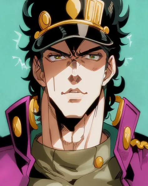 masterpiece, head shot portrait of kujo jotaro, athletic, rim light, athletic, dark atmosphere, detailed background, fantasy, tall, looking at viewer, jojo no kimyou na bouken