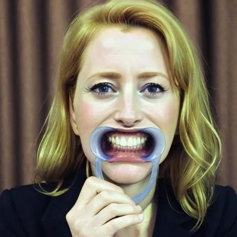 Sexy skinny blonde , She wears: (turtleneck high ribbed bright white tight sweater:1.1), submissive seductive pose, high tight ribbed neck, mouth retractor gag, turtleneck top, saliva dribble, excessive drooling