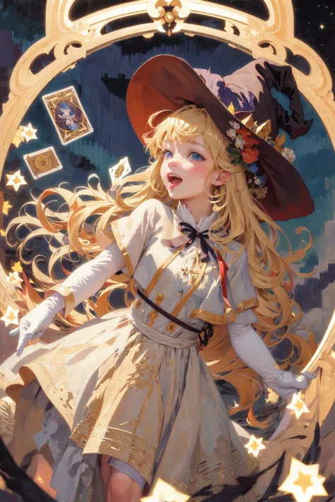 ((masterpiece:1.2, best quality)), 1girl, solo, (witch hat), blonde hair, long hair, dress, aurora, night, star (sky), gloves, sky, white dress, night sky, open mouth, starry sky, blue eyes, ribbon, very long hair, red dress, smile, hair ribbon, cape, blue hair, (bird), magic, casting spell, dark clouds, night, (impressionism:1.4), (tarot:1.3), alphonse mucha,