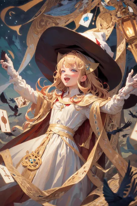 ((masterpiece:1.2, best quality)), 1girl, solo, (witch hat), blonde hair, long hair, dress, aurora, night, star (sky), gloves, sky, white dress, night sky, open mouth, starry sky, blue eyes, ribbon, very long hair, red dress, smile, hair ribbon, cape, blue hair, (bird), magic, casting spell, dark clouds, night, (impressionism:1.4), (tarot:1.3), alphonse mucha,