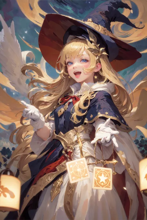 ((masterpiece:1.2, best quality)), 1girl, solo, (witch hat), blonde hair, long hair, dress, aurora, night, star (sky), gloves, sky, white dress, night sky, open mouth, starry sky, blue eyes, ribbon, very long hair, red dress, smile, hair ribbon, cape, blue hair, (bird), magic, casting spell, dark clouds, night, (impressionism:1.4), (tarot:1.3), alphonse mucha,