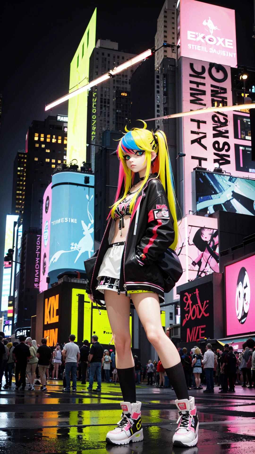 ((best quality)), ((masterpiece)<lora:EDGHAIRSALON_edgScene:0.8> multicolor hair, time square, neon signs, WITH A EDGSCENE HAIRSTYLE