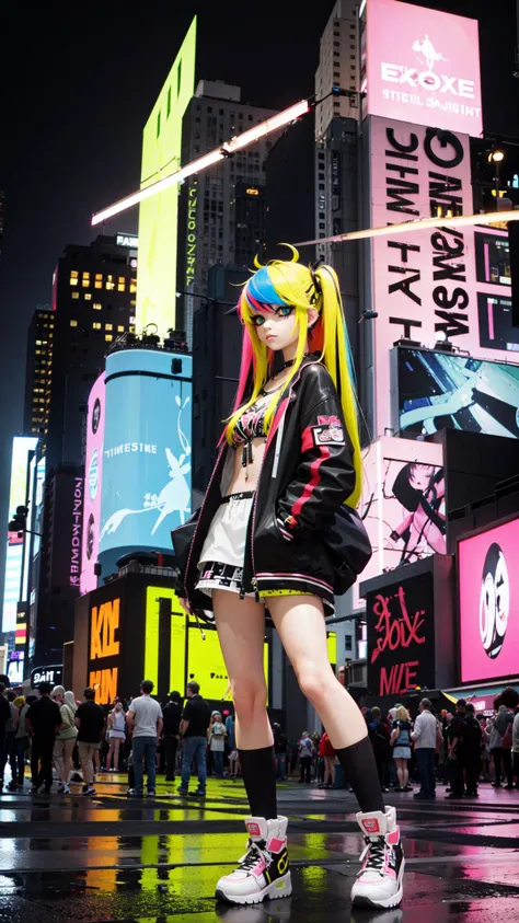 ((best quality)), ((masterpiece)<lora:EDGHAIRSALON_edgScene:0.8> multicolor hair,  time square, neon signs, WITH A EDGSCENE HAIRSTYLE