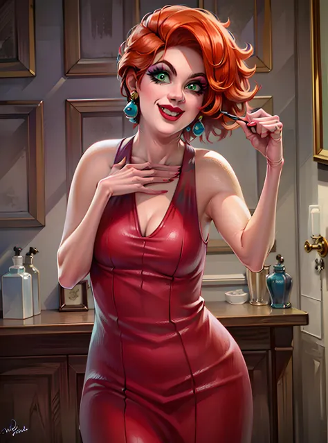 <lora:MadameMeduse_character:0.8>,madamemeduse,solo,red dress,red nails,red hair,cleavage,red lips,breasts,grin,freckles,simple background BREAK [SEP],
(revealing cleavage:1.1),exposed medium breasts,covered nipples BREAK [SEP],
(ambient lighting:1.1)(ultra realistic,32k,RAW photo:1.1),(high detailed skin:1.1),8k uhd,dslr BREAK [SEP],
high quality,film grain,(shiny glossy translucent clothing:1.1) BREAK [SEP],
looking at viewer seductively,flirty smile,naughty face,nsfw,full shot,simple background,insanely detailed,best quality,masterpiece,(photorealistic:1.2),