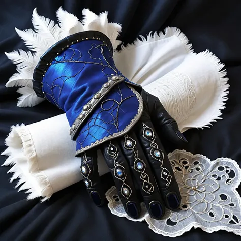 cs-l3ath3r, black-toned Renaissance photo of an abyssal futuristic clothed bejewelled medieval gauntlet holding a scroll among the clouds in a dark mysterious city, intricate white and cobalt-blue and black filigree, eldritch, dreamlike, billowing bright glitter, very detailed, <lora:SDXL_White_Sa_May:0.75>