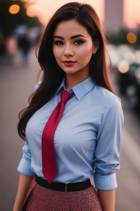 cute, beautiful, stunning woman, (closeup, epic), , photo of a woman, ,beautiful picture, fully clothed, outside, necktie, shirt, skirt, city street, sunset, detailed, closeup