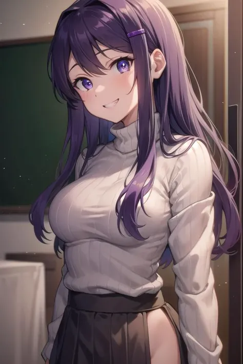 ddlcyuri, <lora:ddlcyuritest:1>,
ddlcyuri, hair ornament, hairclip, long hair, (purple eyes:1.1), purple hair, grin, smile, hair over eyes,
BREAK casual clothes, grey sweater, miniskirt, pants, ribbed sweater, skirt, sweater, turtleneck, turtleneck sweater,
BREAK looking at viewer,
BREAK indoors, classroom,
BREAK <lora:GoodHands-vanilla:1>, (masterpiece:1.2), best quality, high resolution, unity 8k wallpaper, (illustration:0.8), (beautiful detailed eyes:1.6), extremely detailed face, perfect lighting, extremely detailed CG, (perfect hands, perfect anatomy),