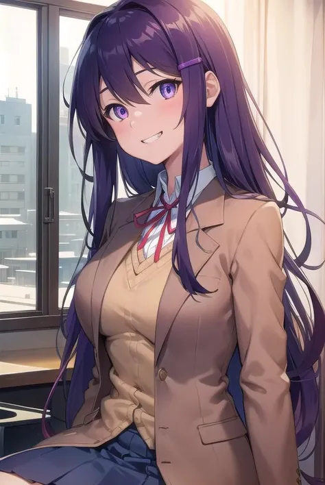 ddlcyuri, <lora:ddlcyuritest:1>,
ddlcyuri, hair ornament, hairclip, long hair, (purple eyes:1.1), purple hair, grin, smile, hair over eyes,
BREAK blazer, blouse, blue skirt, jacket, (brown jacket:1.5), miniskirt, neck ribbon, ribbon, school uniform, shirt, skirt, white shirt, wing collar,
BREAK looking at viewer,
BREAK indoors, classroom,
BREAK <lora:GoodHands-vanilla:1>, (masterpiece:1.2), best quality, high resolution, unity 8k wallpaper, (illustration:0.8), (beautiful detailed eyes:1.6), extremely detailed face, perfect lighting, extremely detailed CG, (perfect hands, perfect anatomy),