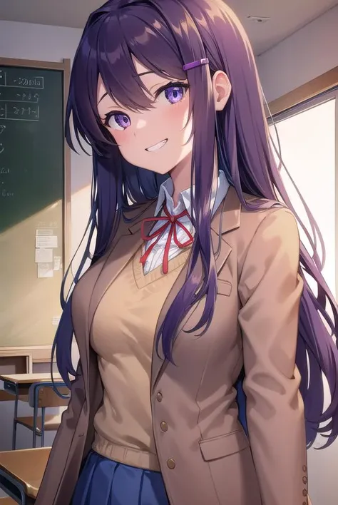 ddlcyuri, <lora:ddlcyuritest:1>,
ddlcyuri, hair ornament, hairclip, long hair, (purple eyes:1.1), purple hair, grin, smile, hair over eyes,
BREAK blazer, blouse, blue skirt, jacket, (brown jacket:1.5), miniskirt, neck ribbon, ribbon, school uniform, shirt, skirt, white shirt, wing collar,
BREAK looking at viewer,
BREAK indoors, classroom,
BREAK <lora:GoodHands-vanilla:1>, (masterpiece:1.2), best quality, high resolution, unity 8k wallpaper, (illustration:0.8), (beautiful detailed eyes:1.6), extremely detailed face, perfect lighting, extremely detailed CG, (perfect hands, perfect anatomy),