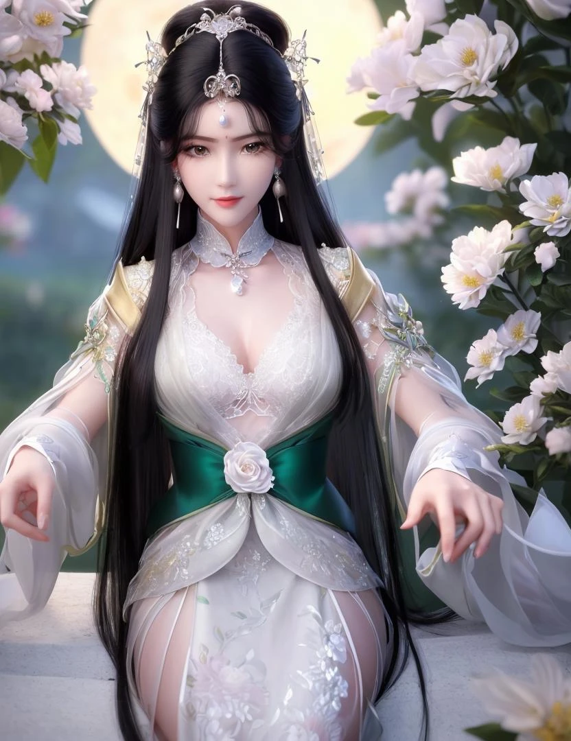 ultra realistic 8k cg, picture-perfect face, flawless, clean, masterpiece, professional artwork, famous artwork, cinematic lighting, cinematic bloom, perfect face, beautiful face, fantasy, dreamlike, unreal, science fiction, lace, lace trim, lace-trimmed legwear, (rich:1.4), prestige, luxury, jewelry, diamond, gold, pearl, gem, sapphire, ruby, emerald, intricate detail, delicate pattern, charming, alluring, seductive, erotic, enchanting, hair ornament, necklace, earrings, bracelet, armlet,halo
((,1girl, pov,))(((depth_of_field, photo_background, focused, photo_\(medium\), 1girl, flower, black_hair, long_hair, chinese_clothes,moon,moonlight, hair_ornament, , looking_at_viewer, ))) <lora:DA_WangYuYan:0.6>