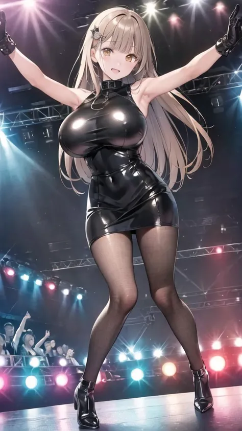 {masterpiece},ultra highres,official art,best quality,extremely detailed CG unity 8k wallpaper, (8k hd),(photorealistic), illustration, 1girl, Mahiru Shiina,(random pose),(pretty face,detailed face),(hair ornament),(black tight leather dress:1.3),(sleeveless),(gigantic breasts:1.4),(raised nipples:1.2),(fully clothed:1.2),stockings,standing,(soaked),looking at viewer,elegant,(nightclub),(on stage),(stage lights),(crowd,audience:1.3),detailed background,
