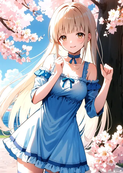 masterpiece, mahiru shiina, ((frilled dress:1.1)), ((short dress:1.2)), ((blue dress::1.3)), park, ((frilled choker white:1.1)), white thighhighs, day, neckline, cherry blossoms, outdoors, frilled dress, looking at viewer, smile, blush, standing, cowboy shot, long hair, ((medium breasts:1.1)), <lora:mahiro:1>