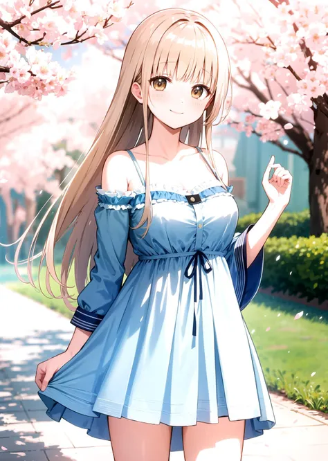 masterpiece, mahiru shiina, short dress, blue dress, park, cherry blossoms, outdoors, looking at viewer, smile, blush, standing, cowboy shot, long hair, medium breasts, <lora:mahiro:1>
