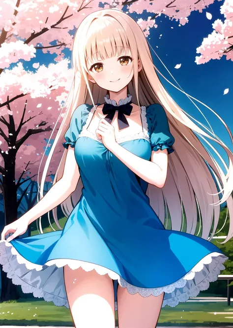 masterpiece, mahiru shiina, short dress, blue dress, park, frilled dress, neckline, cherry blossoms, outdoors, frilled dress, looking at viewer, smile, blush, standing, cowboy shot, long hair, medium breasts, <lora:mahiro:1>