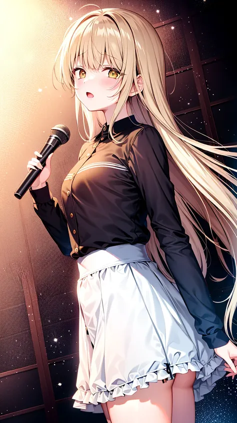 masterpiece, best quality, 1girl, solo, Mahiru Shiina, yellow eyes, <lora:mahiruShiinaTheAngelNext_1:1>, loose hair, long hair, singing karaoke, holding mic, shy