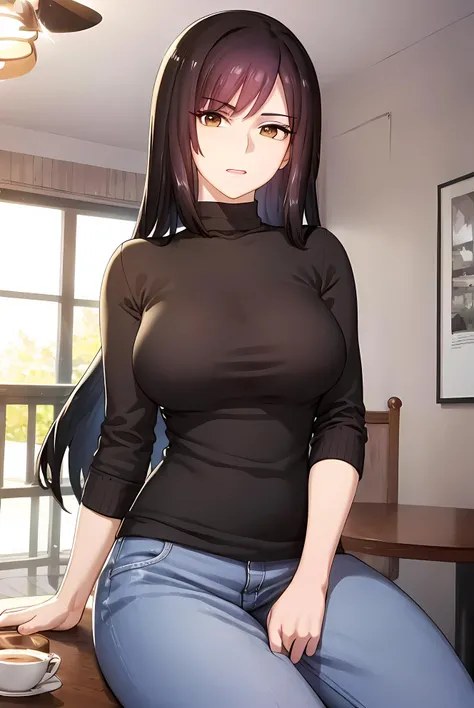 (masterpiece:1.2, best quality), (finely detailed beautiful eyes: 1.2), solo focus,  landscape,  (extremely detailed CG unity 8k wallpaper, masterpiece, best quality, ultra-detailed, best shadow), (detailed background), (beautiful detailed face, beautiful detailed eyes),   1girl, YeChenXi , long hair  , sweater, casual clothes, jeans, sitting down, cafe ,breasts, High contrast, beautiful elegant woman, adult, (best illumination, an extremely delicate and beautiful),(amazing backround, indoors), looking at viewer,beautiful detailed glow,