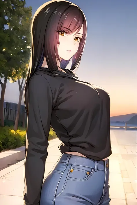(masterpiece:1.2, best quality), (finely detailed beautiful eyes: 1.2), solo focus,  landscape,  (extremely detailed CG unity 8k wallpaper, masterpiece, best quality, ultra-detailed, best shadow), (detailed background), (beautiful detailed face, beautiful detailed eyes),   1girl, YeChenXi , long hair  , hoodie, long  sleeves,  casual clothes, jeans ,,large breasts, High contrast, beautiful elegant woman, adult, (best illumination, an extremely delicate and beautiful),(amazing backround, outdoors), looking at viewer,beautiful detailed glow,