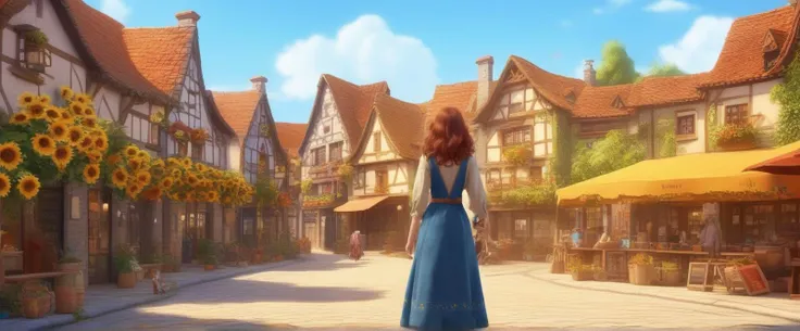 [(36-year-old Indie girl:1.2) (Embroidered sunflower jean jacket with a prairie dress)], [(Spearfishing:1.1)], (Medieval Town Square:1.2), pixar