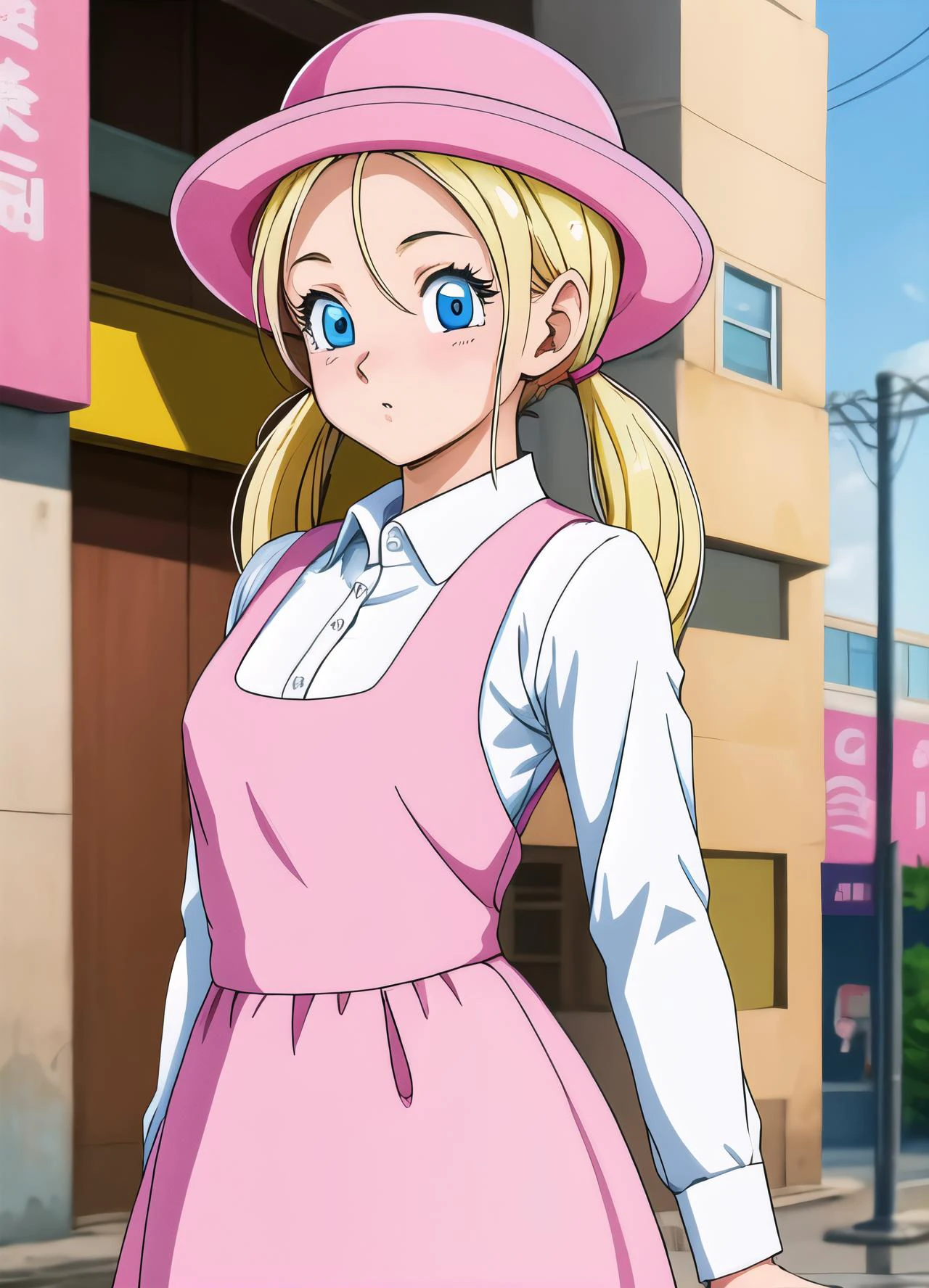 masterpiece, best quality, highest quality, photorealistic, perfect anatomy, perfect face, perfect eyes,
<lora:marondbgt_ex_01:0.7>, marondbgt, 1girl, blue eyes, blonde, twintails, low twintails
,pink dress, pink headwear, white shirt, collared shirt
,sexy pose, city,