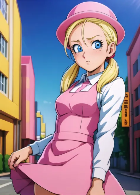 masterpiece, best quality, highest quality, photorealistic, perfect anatomy, perfect face, perfect eyes,
<lora:marondbgt_ex_01:0.7>, marondbgt, 1girl, pink dress, blonde, pink headwear, blue eyes, solo, twintails, white shirt, collared shirt, low twintails, sexy pose, city