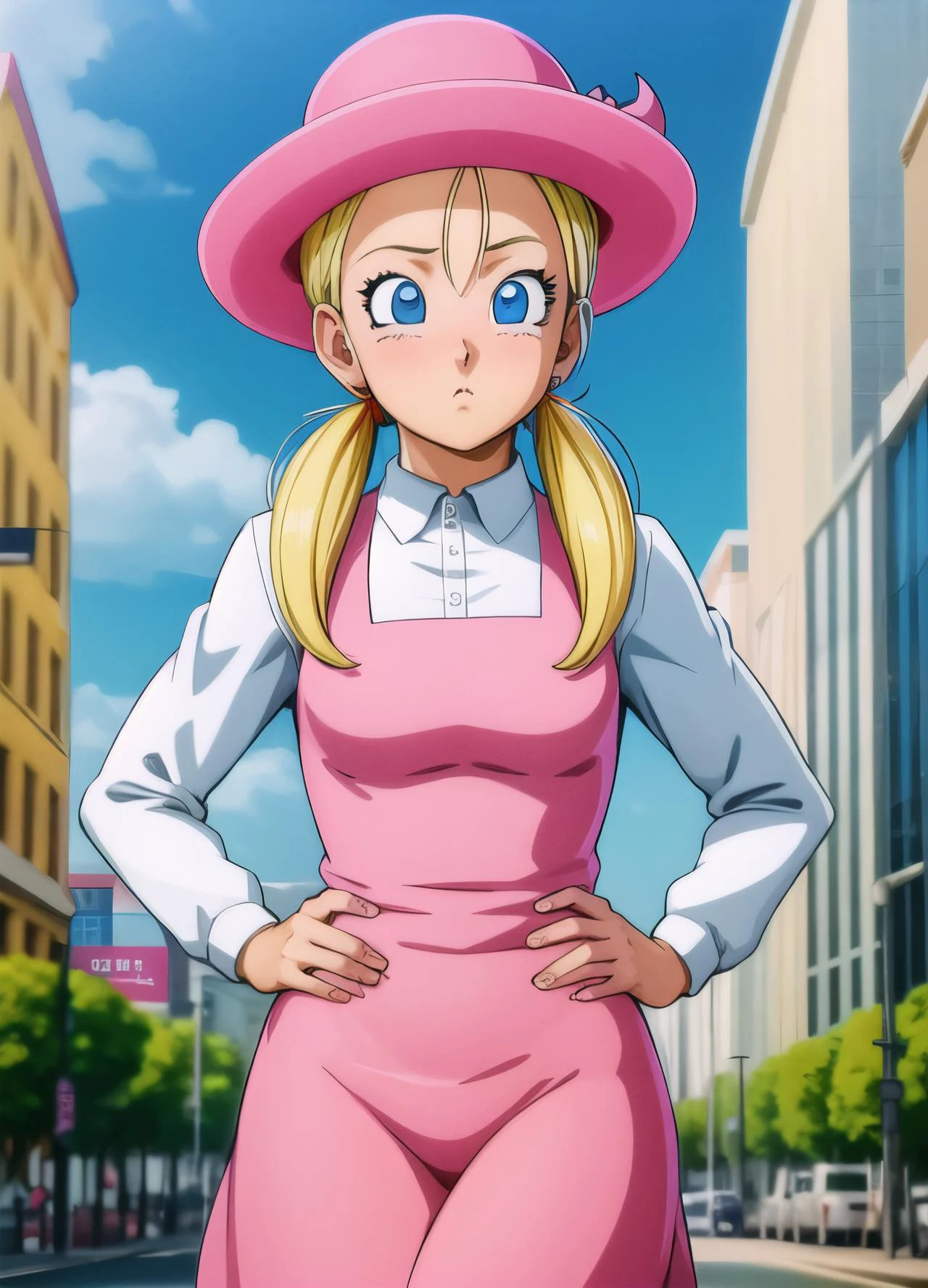masterpiece, best quality, highest quality, photorealistic, perfect anatomy, perfect face, perfect eyes,
<lora:marondbgt_ex_01:0.7>, marondbgt, 1girl, pink dress, blonde, pink headwear, blue eyes, solo, twintails, white shirt, collared shirt, low twintails, sexy pose, city
