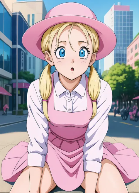 masterpiece, best quality, highest quality, photorealistic, perfect anatomy, perfect face, perfect eyes,
<lora:marondbgt_ex_01:0.7>, marondbgt, 1girl, blue eyes, blonde, twintails, low twintails  
,pink dress,  pink headwear,  white shirt, collared shirt
, city, surprised, full body, sitting,