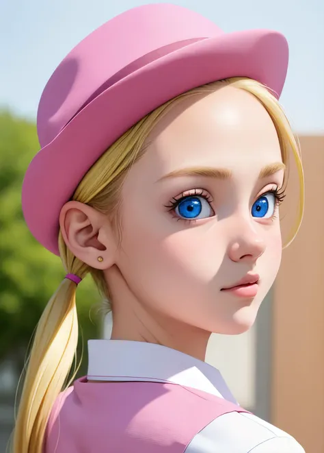 masterpiece, best quality, highest quality, photorealistic, perfect anatomy, perfect face, perfect eyes,
<lora:marondbgt_ex_01:0.7>, marondbgt, 1girl, pink dress, blonde, pink headwear,  blue eyes, solo, twintails, white shirt, collared shirt, low twintails,