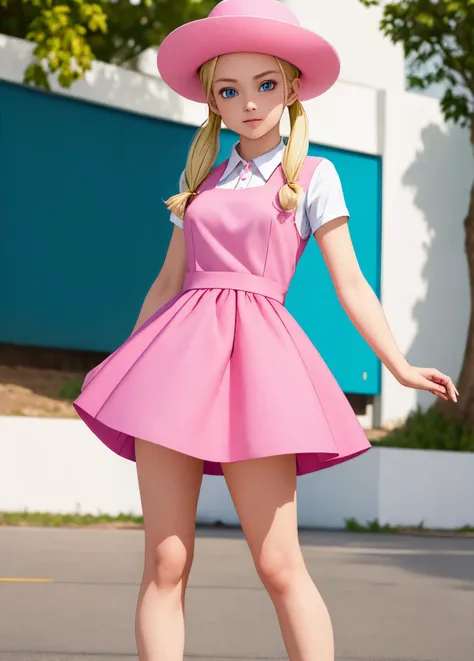 masterpiece, best quality, highest quality, photorealistic, perfect anatomy, perfect face, perfect eyes,
<lora:marondbgt_ex_01:0.7>, marondbgt, 1girl, pink dress, blonde, pink headwear,  blue eyes, solo, twintails, white shirt, collared shirt, low twintails, full body