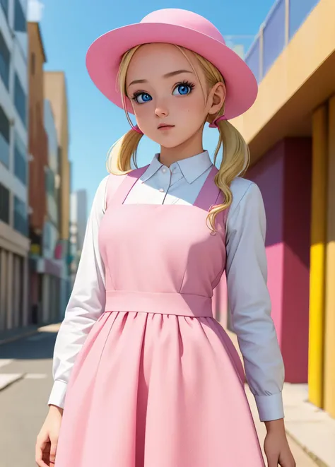 masterpiece, best quality, highest quality, photorealistic, perfect anatomy, perfect face, perfect eyes,
<lora:marondbgt_ex_01:0.7>, marondbgt, 1girl, pink dress, blonde, pink headwear, blue eyes, solo, twintails, white shirt, collared shirt, low twintails, city background
