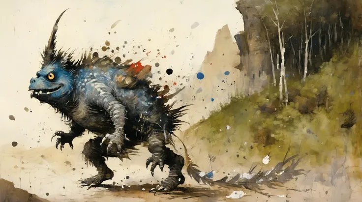 (blue-toned:0.75), thick impasto, (ashleywoodartai:1.3). (Bosch_Creatures:0.8), spotted monster boy with feathers walking on an empty dirt road through mountains, colourful heavy brushstrokes in the background, very detailed, whimsical, wide paint splatters. (diterlizziartai:1.1) <lora:AshleyWoodArtAIcc:1> <lora:Bosch_Creatures:0.7> <lora:DiTerlizziArtAIccp:1>