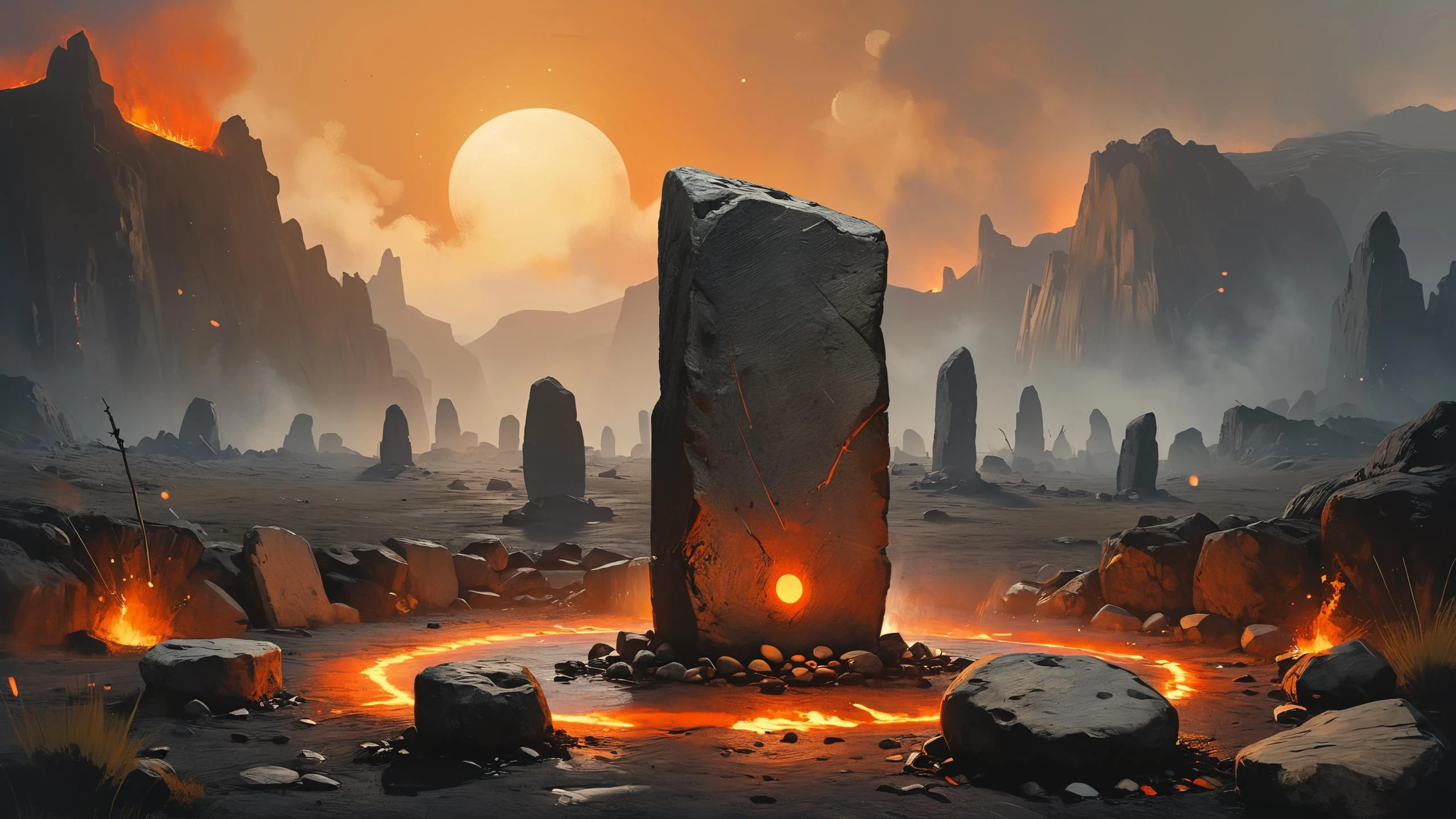 photorealistic detailed digital illustration of a circle of standing stones, 8k, Volcanic calderas aglow with fiery magma in the background,, AshleyWoodArtAI, ais-graffiti 4k, digital art, surreal, anime style, space dandy style, highly detailed, godsend, artstation, digital painting, concept art, smooth, sharp focus, illustration by Ruan Jia and Mandy Jurgens and William-Adolphe Bouguereau <lora:MJ52:0.8> <lora:AshleyWoodArtAIcc:0.7> <lora:Graffiti_SDXL:0.5>