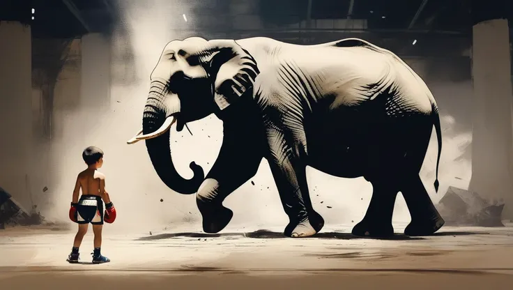 (Foreground: a small boy with his back turned), (background: a defeated elephant), the boy is wearing shorts and boxing gloves. perfect composition, masterpiece, best quality, [:cinematic lighting:.35] (third plane: solid color, photo studio style), Digital art of  <lora:AshleyWoodArtAIcc:1>