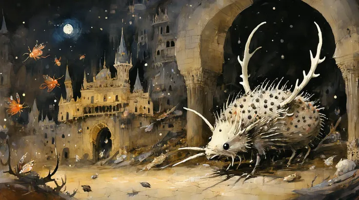 (copper-toned:0.75), thick impasto, (ashleywoodartai:1.3). (Bosch_Creatures:0.8), creepy bug with antlers with spiky hair watching glowing fairies hovering over a ruined Arabian palace at night, colourful heavy brushstrokes in the background, very detailed, whimsical, wide paint splatters. (diterlizziartai:1.1) <lora:AshleyWoodArtAIcc:1> <lora:Bosch_Creatures:0.7> <lora:DiTerlizziArtAIccp:1>