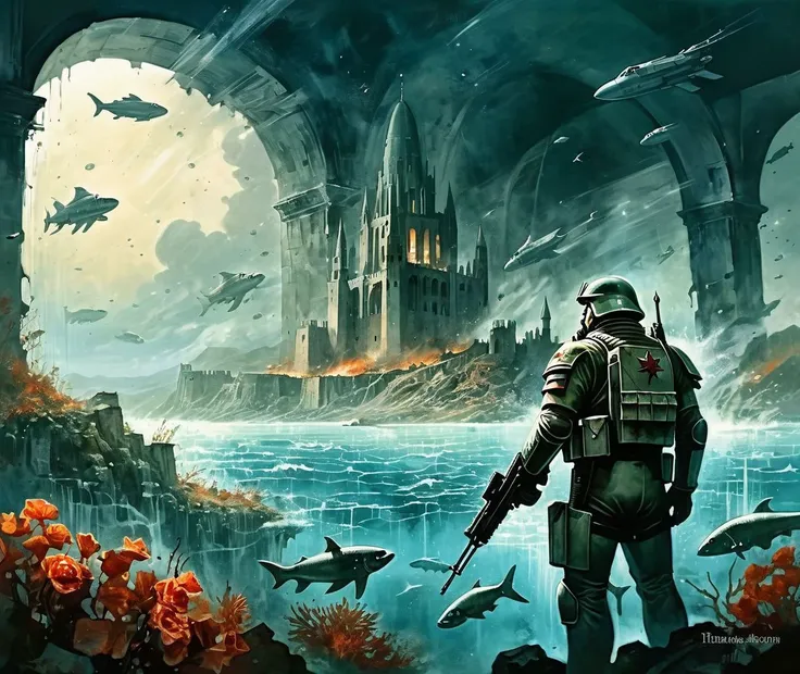 Thanksgiving dinner, under water swimming with fishes,captured, in tears, handcuffed,Amid the ruins of a once-majestic fortress, a soldier pauses, her silhouette ghostly against the backdrop of shifting terrains that oscillate between detailed battle maps and molten landscapes, Tornado, Barren trees, Menacing,dropping out of a space shuttle, HALO parachute, high altitude,in wh40k, Warhammer 40,000, imperial guard, astra militarum, space marines, epic battle, across the galaxy there is only war, <lora:Anna_Dittmann_Style_XL:0.5> Anna Dittmann, ethereal atmosphere, dreamy, flowers ,<lora:AshleyWoodArtAILccp:0.5> AshleyWoodArtAI