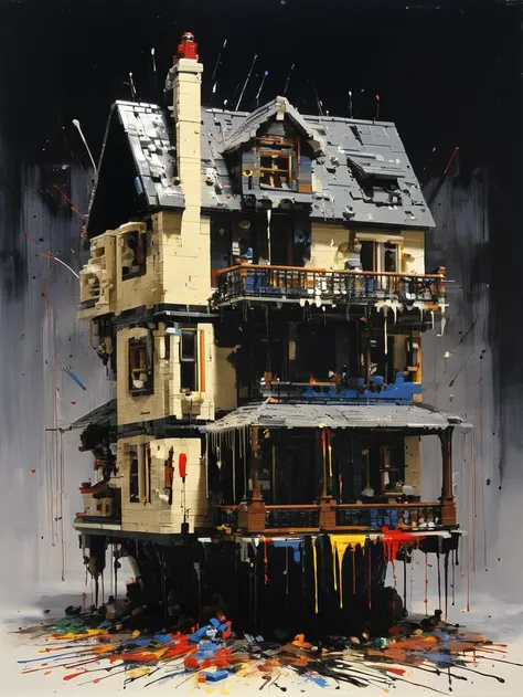 Dripping Paint Splatter Art, toy house made by lego plastic building blocks, Stereoscopic feeling, ashleywoodartai, dark art, chdmchlwrd <lora:chdmchlwrd:0.8> <lora:AshleyWoodArtAILccp:1> , dramatic, paint drips, splatters, dripping paint