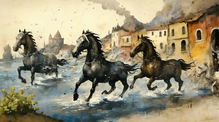 (azure-toned:0.75), thick impasto, (ashleywoodartai:1.3). (Bosch_Creatures:0.8), three-headed swimming horse with many heads running along a street in a mediterranean town, erupting volcano in the background, colourful heavy brushstrokes in the background, very detailed, whimsical, wide paint splatters. (diterlizziartai:1.1) <lora:AshleyWoodArtAIcc:1> <lora:Bosch_Creatures:0.7> <lora:DiTerlizziArtAIccp:1>