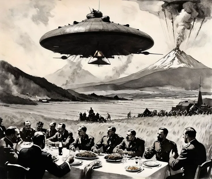 Thanksgiving dinner, climbing a rocky mountain, mount doom, volcanos in the background,in 1920s Poland, world war 1, WWI, tanks, mechs, wheat fields,dropping out of a space shuttle, HALO parachute, high altitude, <lora:charcoal-watercolor:0.5> charcoal ,<lora:AshleyWoodArtAILccp:0.5> AshleyWoodArtAI