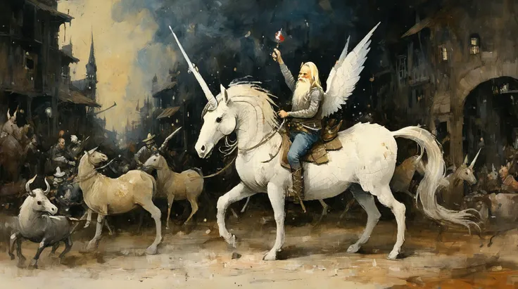 (pale-green-toned:0.75), thick impasto, (ashleywoodartai:1.3). (Bosch_Creatures:0.8), barefoot shell creature with white wings riding a unicorn with one horn in a Wild West town, colourful heavy brushstrokes in the background, very detailed, whimsical, wide paint splatters. (diterlizziartai:1.1) <lora:AshleyWoodArtAIcc:1> <lora:Bosch_Creatures:0.7> <lora:DiTerlizziArtAIccp:1>