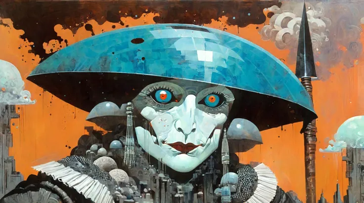 detailed Surrealist painting of a face with a spear <lora:AshleyWoodArtAIcc:1> AND a detailed Psychedelic painting of a futuristic city <lora:drdjns:1> :0.5 AND a detailed Art Deco painting of a Victorian lady <lora:sdxl_George barbier v1.0:1>