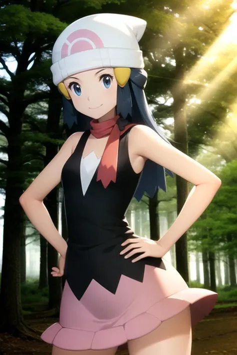 <lora:character_pokemon_dawn_v7:1> dawn \(pokemon\), forest, light rays, 1girl, solo, cowboy shot, looking at viewer, blue eyes, blue hair, smile, closed mouth, hands on hips, beanie, hairclip, sleeveless shirt, skirt, kneehighs, scarf,