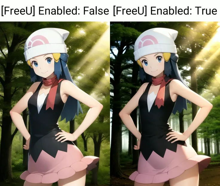 <lora:character_pokemon_dawn_v7:1> dawn \(pokemon\), forest, light rays, 1girl, solo, cowboy shot, looking at viewer, blue eyes, blue hair, smile, closed mouth, hands on hips, beanie, hairclip, sleeveless shirt, skirt, kneehighs, scarf,