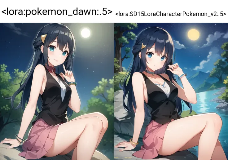 SFW,female, masterpiece, highly detailed, ultra detailed, best quality, highest quality,creek setting, 1girl, solo,night time,looking at viewer, smile, wearing skirt,sitting on large rock,perfect eyes,perfect face,<lora:pokemon_dawn:.5>,character_pokemon_dawn,hairclip