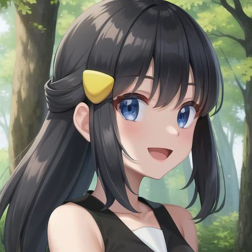 <lora:character_pokemon_dawn_v4:0.5> forest, 1girl, character_pokemon_dawn, solo, portrait, looking at viewer, smile, open mouth, hairclip, sleeveless shirt, black shirt